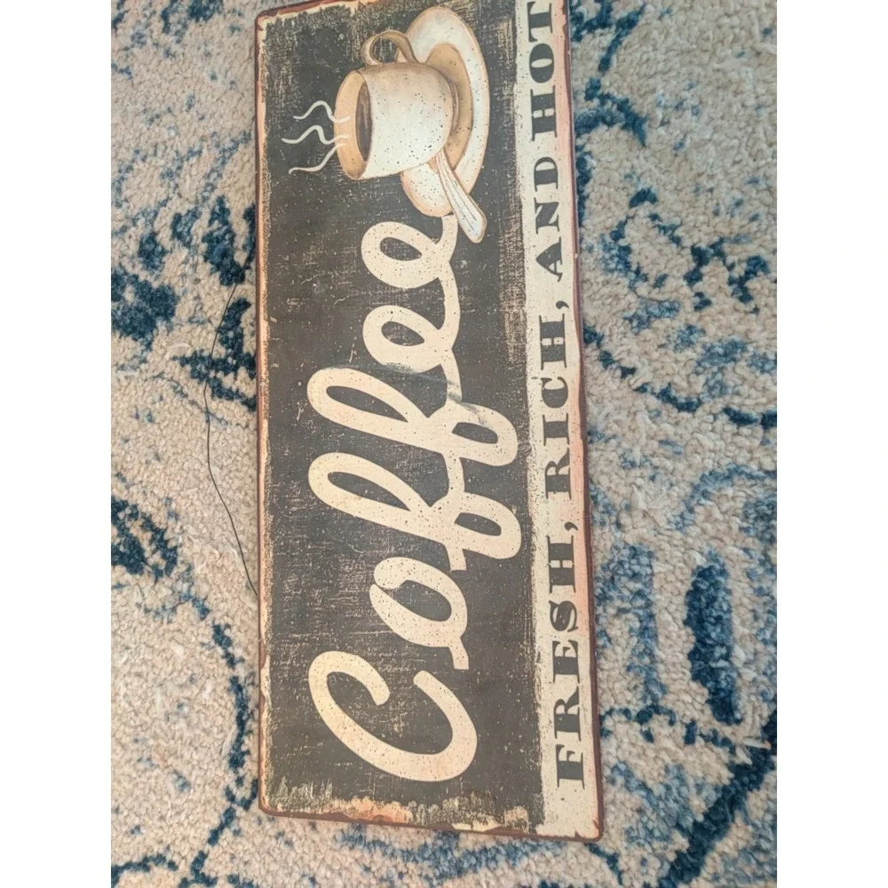 Coffee Fresh Rich & Hot Distressed Wood Wall Sign, Black/Beige